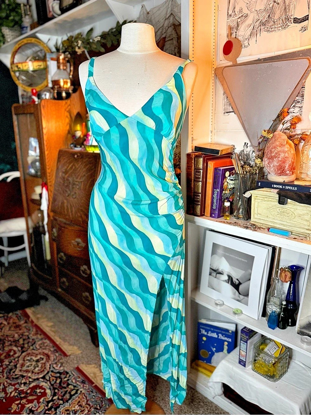 Abstract Wave Maxi Dress in Blue & Green Like New